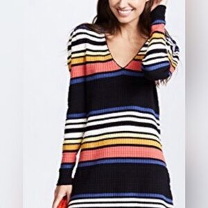 Women’s Free People Gadget Dress Black KnitRibbed Stripped Retro Y2K Dress L.